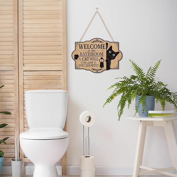 HLNIUC Funny Black Cat Door Sign(11”x8”) Welcome to the Bathroom A Cat Will Be With You Shortly Wall Decor,Bathroom Cats Hanging Plaque,Cats Welcome People Tolerated Sign for Pet Lover Front Door