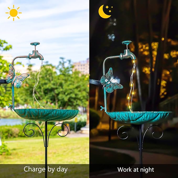 dreamysoul 50” Height Solar Bird Bath with Metal Stake Antique Bronze Faucet Solar String Light Birdbath for Outdoor Garden Decoration