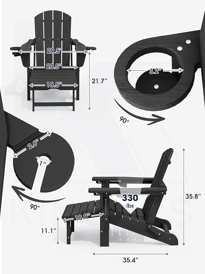 KINGYES Folding Adjustable Adirondack Chair with Retractable Ottoman, HDPE Recliner Adirondack Chair with Cup Holder, Black