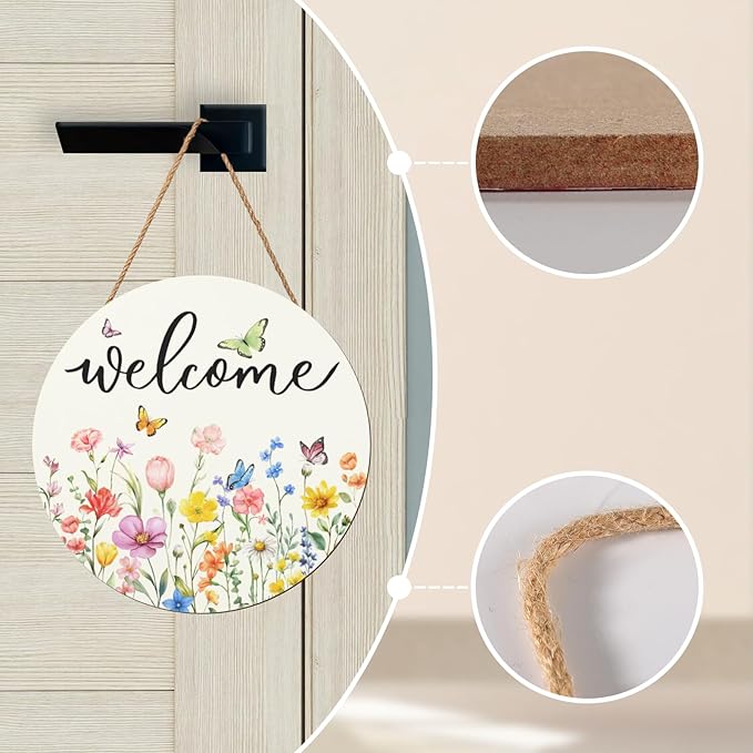 Spring Flowers Welcome Door Sign Colorful Floral Summer Door Hanger Home Decorations Spring Butterfly Wooden Hanging Sign Seasonal Farmhouse for Wall Porch 12x12 Inch
