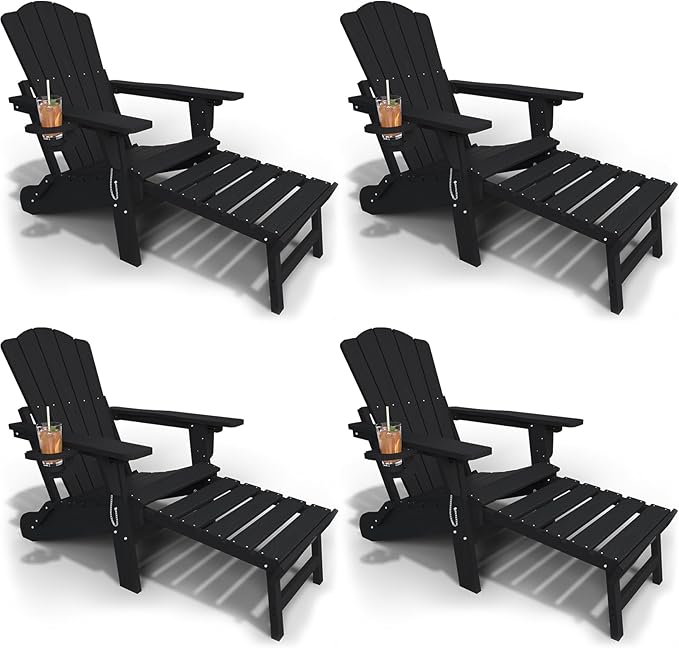 Folding Adjustable Adirondack Chairs with Ottoman & 1 Cup Holders Set of 4, HDEP Multifunctional Adirondack Chair with Footrest,Black