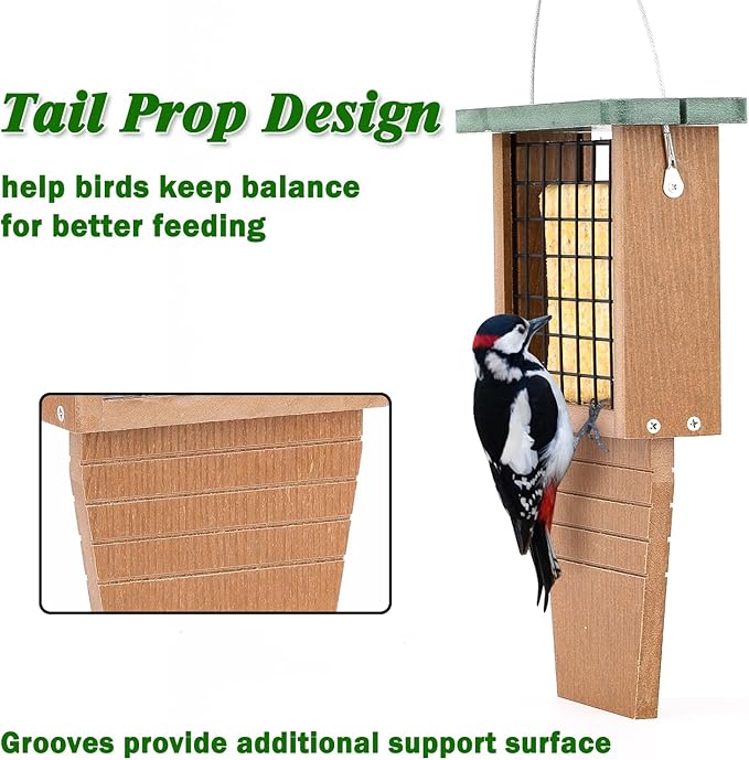 Gtongoko Recycled Plastic Suet Bird Feeder for Outside Hanging, Woodpecker Suet Feeder with Tail Prop, Hanging Suet Holder Birdfeeders, 1 Pack, Green