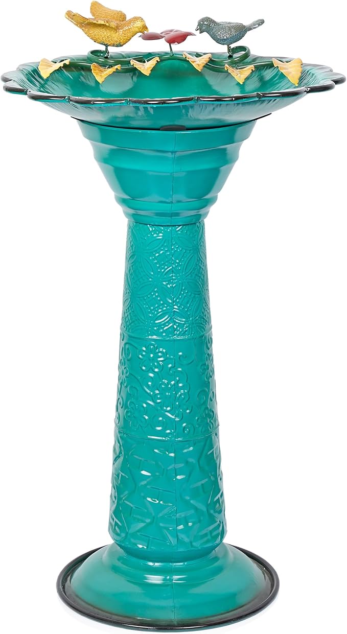 Alpine Corporation ORS112GN Vintage Metal Pedestal Birdbath with Stand, Shallow Bird Bath Bowl for Outside, 28" H, Green