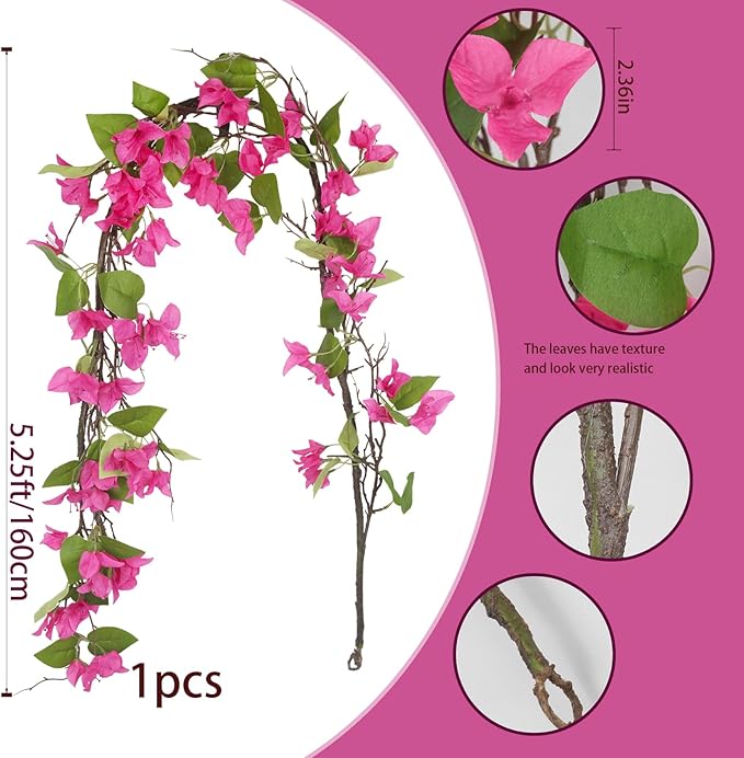 Artificial Bougainvillea Flowers Garland Silk Bougainvillea Vines UV Resistant Realistic Faux Hanging Flowers Plants for Outdoor Outside Summer Decor Porch Patio Balcony Yard Wall Rose Red