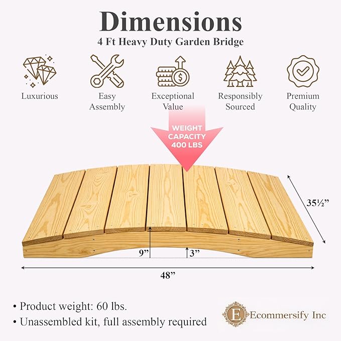 4 FT NATURAL Amish Made Pinewood Heavy Duty Garden Bridge for Walkway, Backyard Pond & Landscaping, Outdoor Wooden Footbridge for Koi Pond, Japanese Style Decorative Bridge, Made in USA