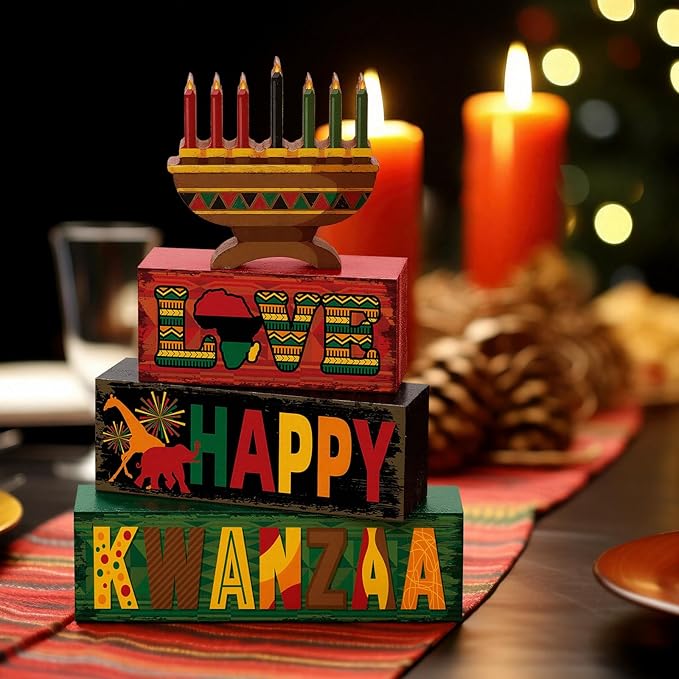 4 Pcs Kwanzaa Table Decorations Wooden Candlestick Sign Wood Block Tabletop Centerpiece Happy Kwanzaa Tiered Tray Table Toppers for Farmhouse Home Office Desk Decor Holiday Party Supplies