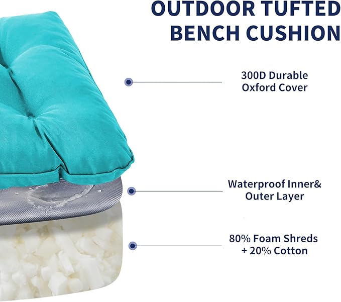 Outdoor Bench Cushion, 48x18x5 Inch, Waterproof Bench Cushion for Outdoor/Indoor Furniture, Tufted Patio Bench Seat Cushion, Fade Resistant Outdoor Cushions for Porch Swing Couch, Teal Blue