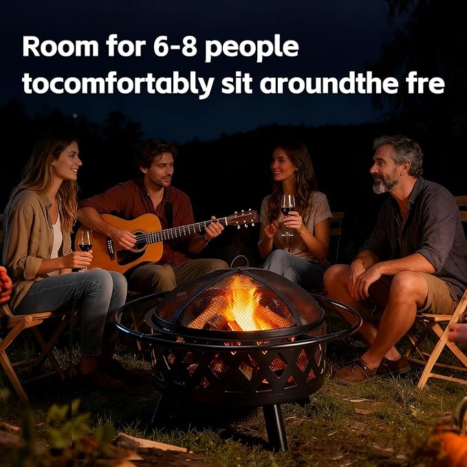 OLIXIS 36 Inch Wood Burning Fire Pit, Round Fire Pits for Outside with Spark Cover Fire Poker, Outdoor Firepit for Patio, Backyard, Garden, Bonfire Party, Black