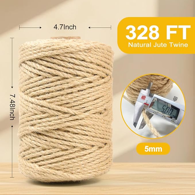 Jute Twine String - 328ft Eco-Friendly 5mm Natural Cord for Crafts, Packaging & Cat Scratchers | Heavy-Duty Rope for Garden Tying, Gift Wrapping & DIY Decor