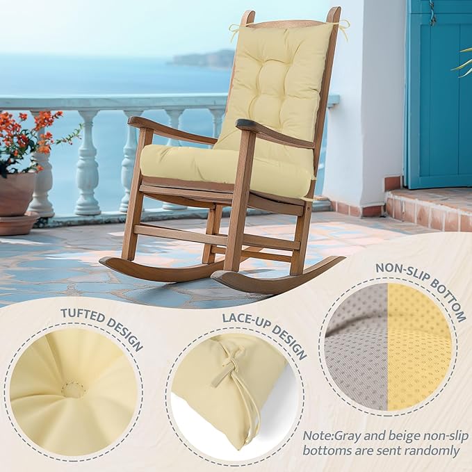 mudilun Rocking Chair Cushion Non-Slip Tufted Indoor/Outdoor Rocking Chair Cushions 80% Water Proof with Straps for Living Room Baby Room Garden High Back Rocking Chair Pads (Beige)