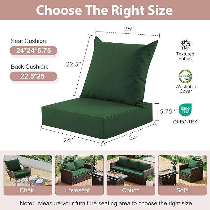 Outdoor Deep Seat Cushion Set, 24x24 Inch Water-Resistant & Fade-Resistant Outdoor Chair Cushions, Patio Furniture Cushions with Removable Cover for Patio Chair, Sofa, Forest Green (Set of 6)