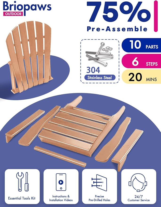 BRIOPAWS Adirondack-Chairs-Set of 6 | Fire Pit Chair | Oversized | HDPE Plastic | Weather Resistant | for Deck Outdoor Poolside Campfire | Teak