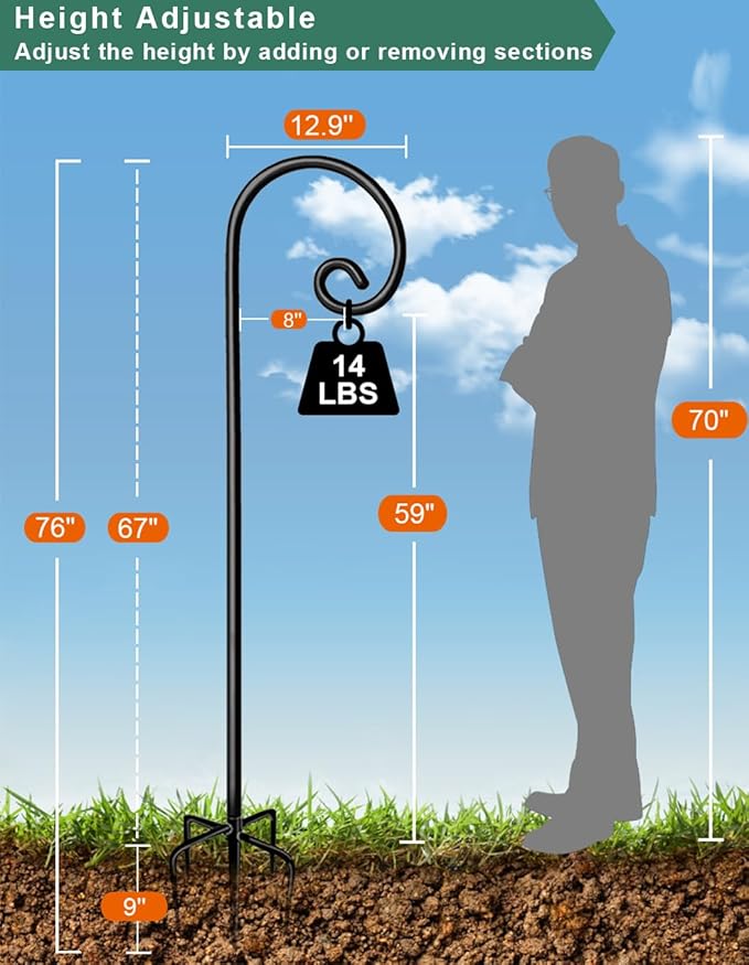 Koutemie 76 Inch Outdoor Shepherd Hook for Hanging Plant, Adjustable Heavy Duty Bird Feeder Pole with 5 Prong Base for Solar Lanterns, Black & 2 Packs
