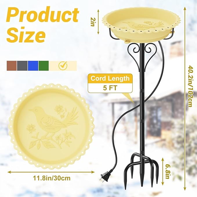 Heated Bird Bath for Outside Winter, Powerful 100W Thermostat Control Water Heated BirdBaths Bowl for Outdoors with 5-Prong Metal Base Heated Bird Bath for Garden Patio Yard Lawn (Beige)