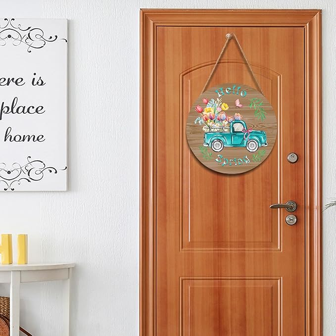 Hello Spring Blue Truck Door Sign For Front Door Decor,Colorful Tulip Flowers Butterfly Green Leaves Wooden Sign 12"x 12" Round Spring Hanging Door Sign Decoration for Wall Rustic Decor