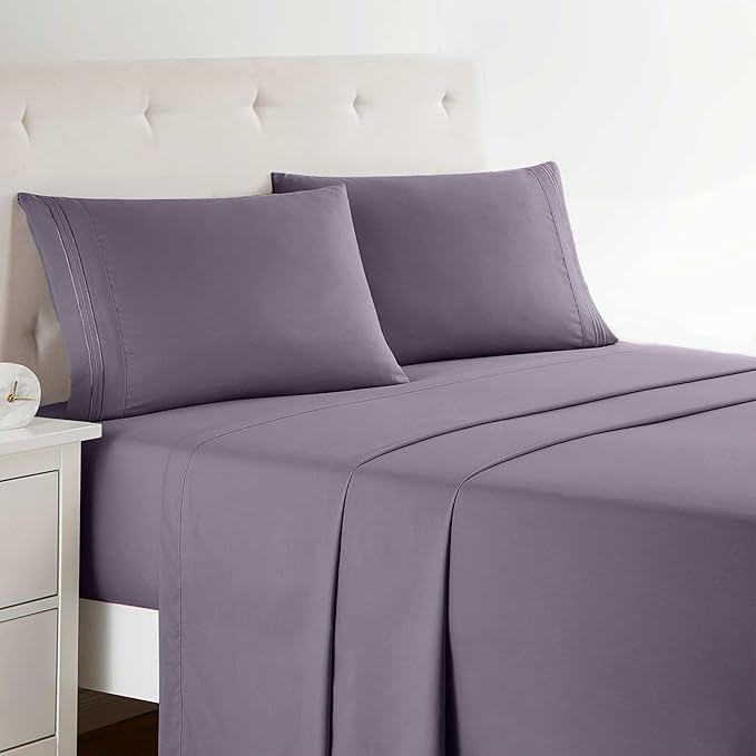 Clara Clark Bed Sheets, Premier 1800 Series Bed Sheet Set, Deep Pocket, Wrinkle, Fade, Stain Resistant, Luxury Soft Bedding Sheets & Pillowcases, Twin, Grayish Purple