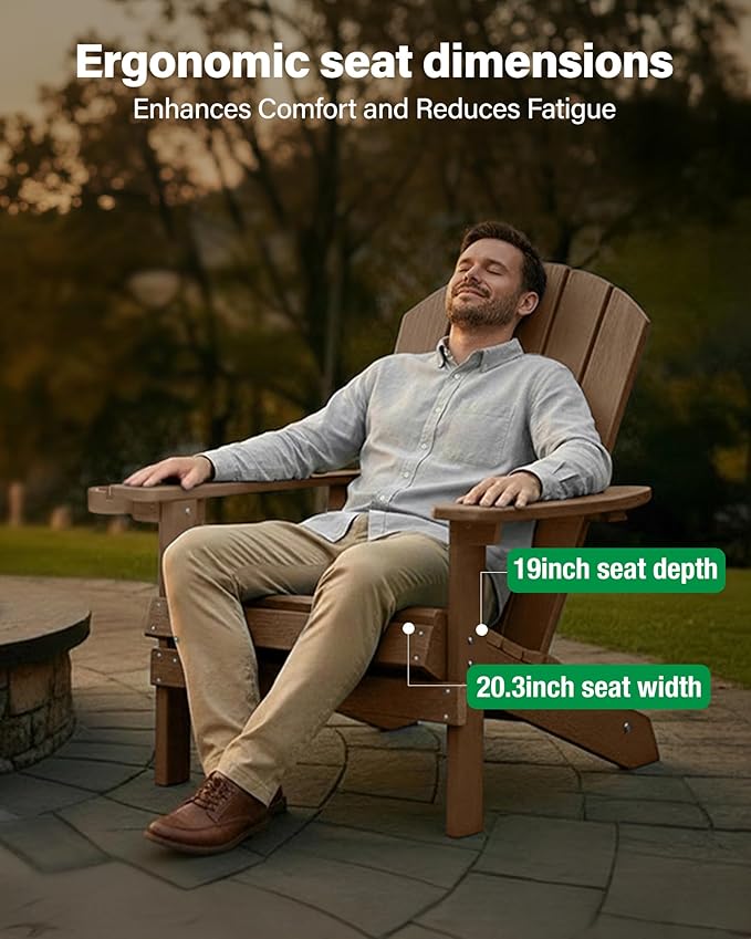 YEFU Adirondack Chairs Set of 2: Outdoor Chair HIPS Plastic Adirondack Chairs - Patio Chairs with Cup Holder & Wood Texture - Lawn Fire Pit Deck Porch Garden Chairs for Adults (Teak)