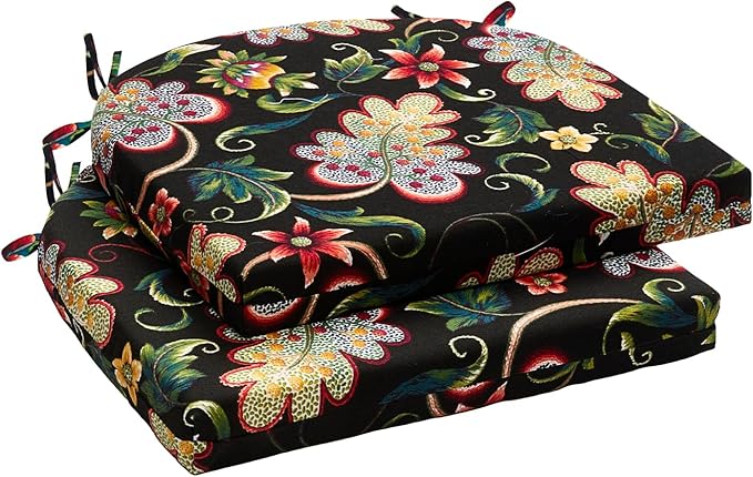 Wellsin Outdoor Chair Cushions for Patio Furniture - Patio Chair Cushions Set of 2 - Water Resistant Round Corner Outdoor Seat Cushions 17"X16"X2", Flower Black