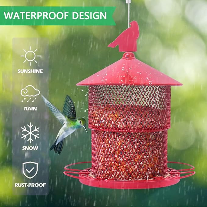 Metal Bird Feeder for Outside Hanging, Bird Feeders Squirrel Proof, 4 Lbs Large Capacity Tube Iron Mesh Wild Birdfeeder for Outdoor Finch Cardinal Chickadees Blue Jay -Red