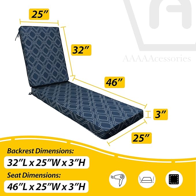AAAAAcessories Outdoor Chaise Lounge Cushions, Fade-Resistant, Waterproof Patio Furniture Replacement Cushions, 78" x 25" x 3", Slate Blue Vine Trellis