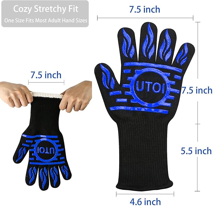BBQ Grill Gloves 1472°F Heat Resistant, XL Long Non-Slip Oven Mitts for Baking, Kitchen, Campfire, Smoker and Outdoor Cooking, EN407 Certified, Washable, Blue