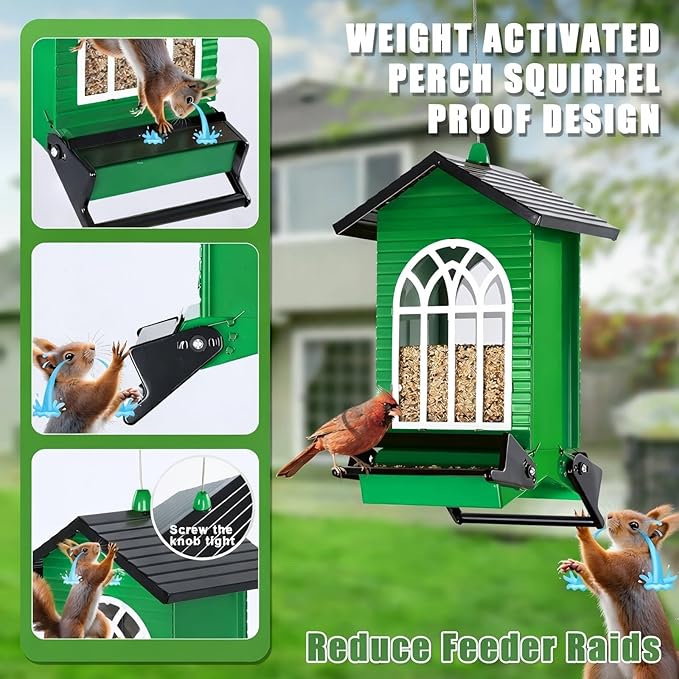 Squirrel Proof Bird Feeder for Outdoors,5LB Large Capacity,Metal Wild Bird Seed Feeder with Bilateral Weight-Activated Perches for Outside Hanging,Garden Decoration,Green