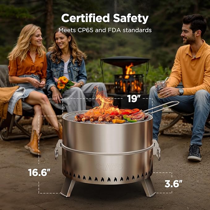 CIAYS Smokeless Firepit, 19 Inch Fire Pit for Camping with Patented Technology, Portable Fire Pit for Outside with Steel Grill Rack, Fire Poker, and Bag, Easy Setup and Storage, Wood Burning