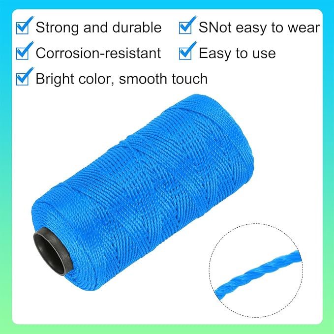 MECCANIXITY Nylon String 3 Strands Twisted Mason Line 1.5mm x 218 Yards Nylon Twine String for DIY Projects, Home Improvement, Gardening, Gift Wrapping, Christmas Party Supplies, Lake Blue
