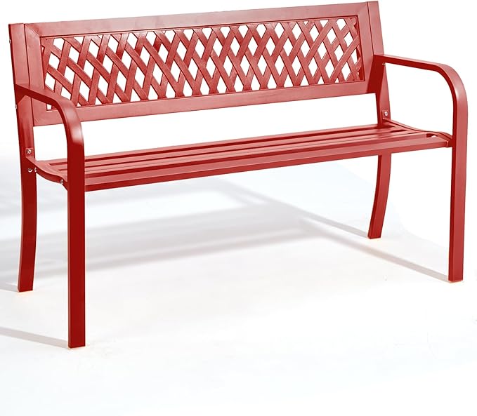 Outvita Outdoor Bench, 47" Iron Steel Frame Garden Bench with Mesh Pattern and Plastic Backrest Armrests, Patio Bench for Garden Park Yard Front Porch Patio, Red