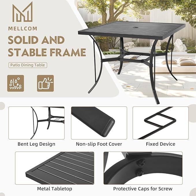 MELLCOM 5 Pcs Outdoor Dining Set, 4 Swivel Rocker Chairs with Thick Cushions & Square Dining Table with Umbrella Hole, Patio Furniture Set for Porch, Beige
