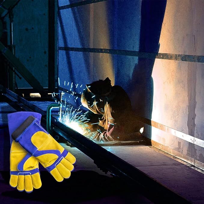Welding/BBQ Leather Gloves 16 Inches,932℉, Stick Welding Gloves Heat/Fire Resistant, Mitts for Oven/Grill/Fireplace/Furnace/Stove/BBQ/16 inches Extra Long Sleeve (16 Inches, Blue-Yellow)