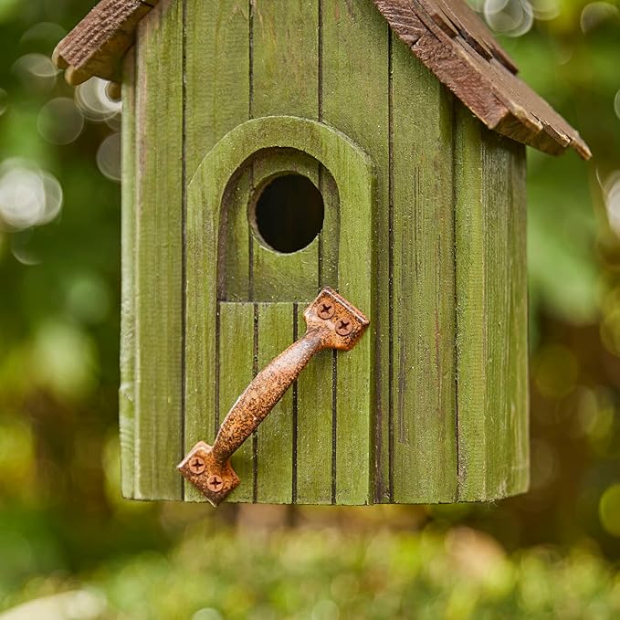 Glitzhome Birdhouses for Outdoors, Green Hand Painted Garden Wooden Bird House with Single Roof Hanging Bird House for Outside
