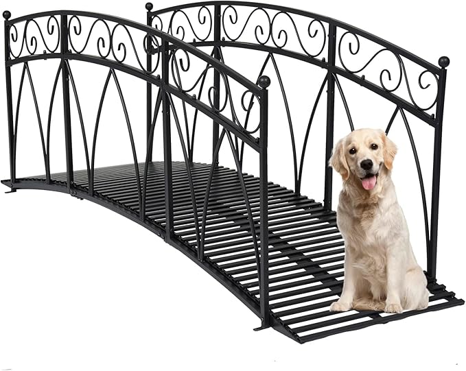 Kinlife 8 FT Metal Arch Garden Bridge – Heightened Patio Outdoor Bridge with Safety Guardrails, Decorative Landscaping Iron Footbridge for Backyard Creek Lawn Stream Fish Pond, Black