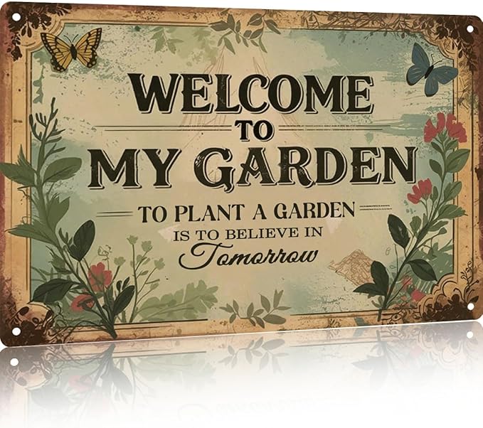 Garden Signs Vintage Metal Sign - Welcome to My Garden - Retro Gardening Signs for Outside Home Gardening Greenhouse Yard Outdoor Decor 8x12 Inch