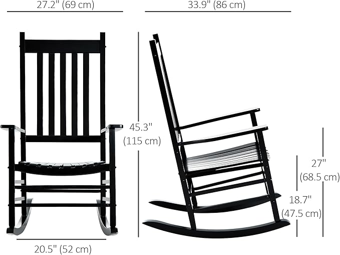 Outsunny Outdoor Rocking Chair, Patio Wooden Rocking Chair with Smooth Armrests, High Back for Garden, Balcony, Porch, Supports Up to 353 lbs, Black