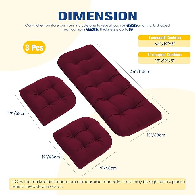 Patio Furniture Cushions Outdoor, Waterproof Wicker Chair Cushions Set of 3, 1 Loveseat & 2 Seat Pads, Thick Outdoor Replacement Cushions for Porch Lawn Bench Couch Sofa Swing, Burgundy