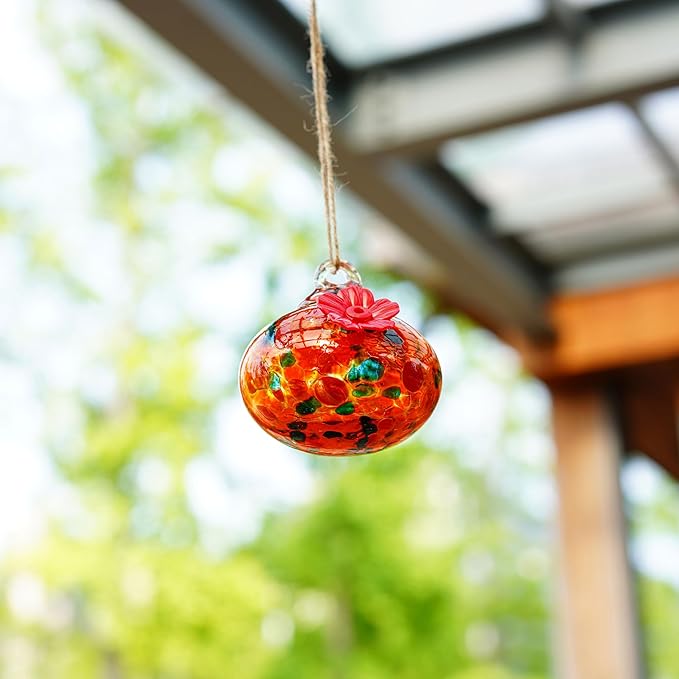 3in Small Colorful Hummingbird Feeder Glass for Outdoors Window Hanging Blown Glass Hummingbirds Feeders for Outside with 2 Feeding Ports Ant and Bee Resistant Humming Birds Feeder Gifts for Women