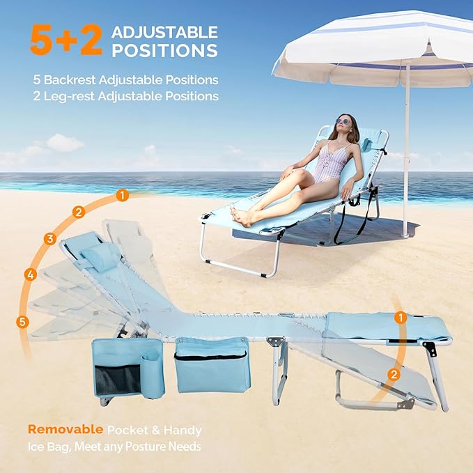 Bonnlo Oversized Folding Tanning Chair with Face Hole & Carrying Bag,Beach Lounge Chair Outdoor for Adults, Portable Sunbathing Recliner,Laying Out Chairs for Tanning Lounger Outside,Supports 265 lbs