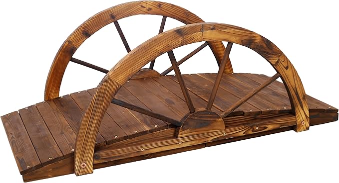 3.3 FT Wooden Garden Bridge, Stained Finish Decorative Pond Bridge with Half-Wheel Style Railings & Solid Fir Construction, Decorative Pond Bridge for Outdoor Garden Yard Backyard Creek Farm, Brown