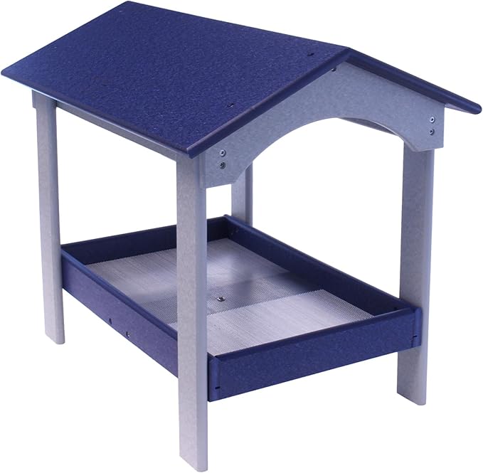 AmishToyBox.com Ground Bird Feeder, Deluxe Fly-Through Covered Feeder for Birds and Squirrels with Screen Mesh Tray (Patriot Blue/Light Gray)