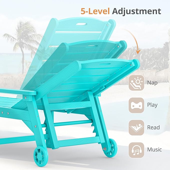 LUE BONA Chaise Lounge Chairs Set with Table, 3-Piece, 79'' Oversized HDPS Chaise Lounger, 5 Positions Adjustable Lounge Chairs, Pool Lounge Chair with Wheels for Poolside, 3 Year Warranty, Aruba Blue