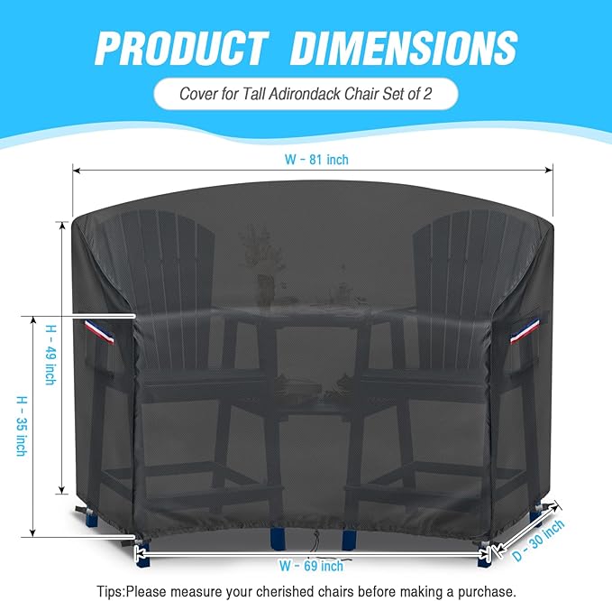 Adirondack Chair Cover,Waterproof Cover for Tall Adirondack Chair Set of 2,Patio Chairs Cover for Tall Adirondack Chairs with Table,81"Wx30''Dx49''H,Black
