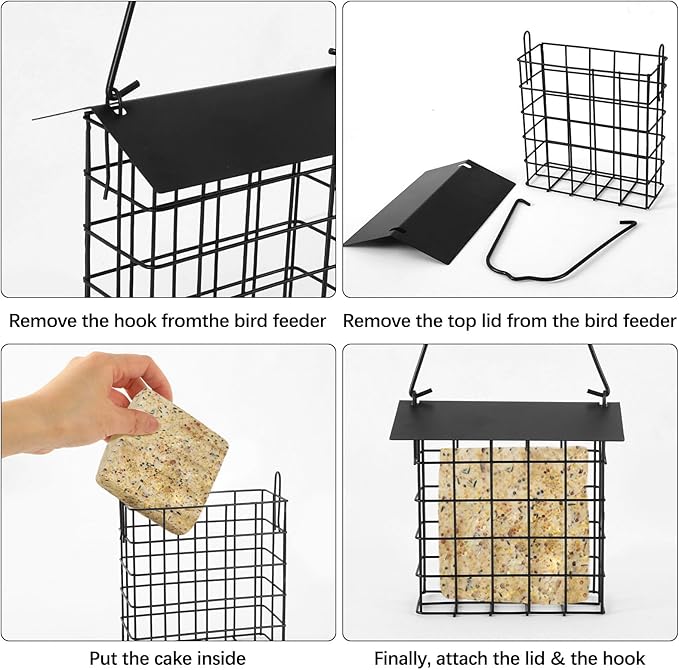 2Pcs Suet Bird Feeder for Outside Hanging, Suet Cakes Cage Bird Feeder for Outdoors with Metal Roof and Adjustable Chain Hook Hanging for Garden Yard Outside