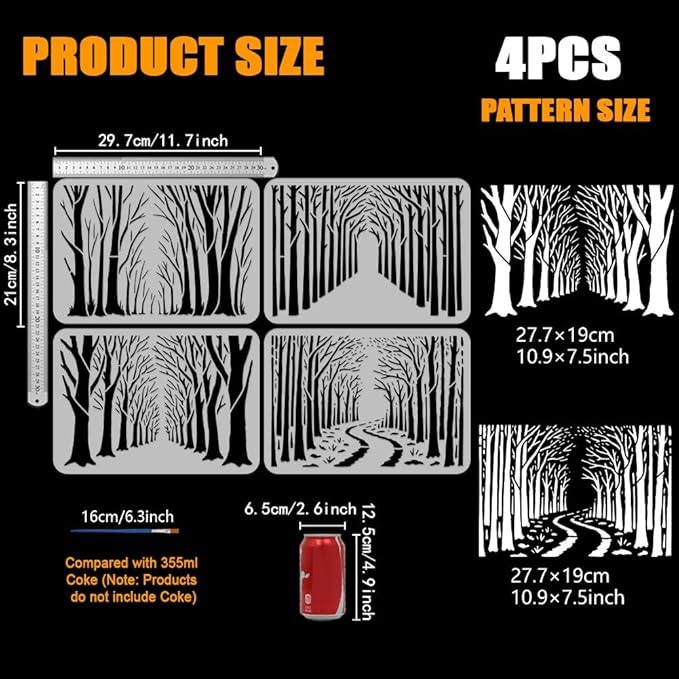 FINGERINSPIRE 4PCS Forsest Painting Stencil with Plastic Brush 8.3x11.7inch Hollowed Trees Grass Drawing Template Pathway in Forsest Stencil Reusable Plant Theme Template for Adults Painting on Wood
