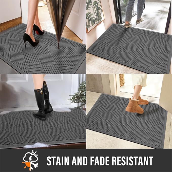 Sturdy Front Door Mat, Absorbent Muddy Dirt Resist Welcome Door Mats Outdoor Indoor, Stain and Fade Resistant, Non-Slip Rubber Backing Low Profile Doormat for Entryway, 36×24, Charcoal