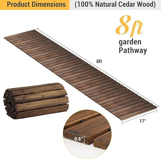 8FT Straight Wooden Garden Pathway Walkway Outdoor Roll Out Decorative Garden Non-Slip Patio Path Decorative Boardwalk Outdoor Road Floor for Backyard Beach Wedding Party