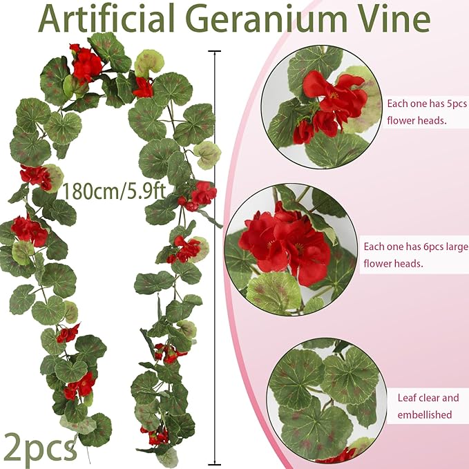 CISDUEO 2 Pcs Spring Summer Flower Garland Geranium Artificial Garland Outdoors Red Geranium Outdoor Artificial Flowers UV Resistant Hanging Basket Floral Garland for Porch Farmhouse Centerpiece Decor