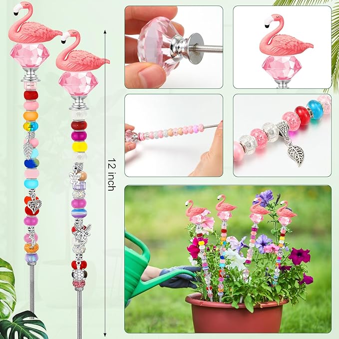 Lineshading 95 Pcs Flamingo Decorative DIY Beaded Garden Stakes Kit Fairy Wand Garden Stake Beads Kits for Plant Stakes Toppers Jeweled Ornament DIY Craft Supplies