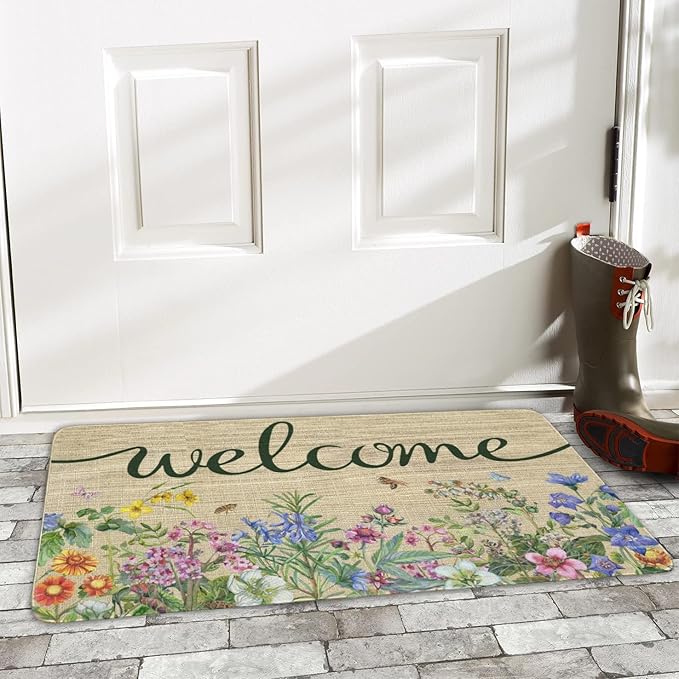 Welcome Floral Decor Doormat, Home Spring Summer Flower Front Door Mats, Indoor Outdoor Non Slip Reusable Entrance Rug 17"x30"