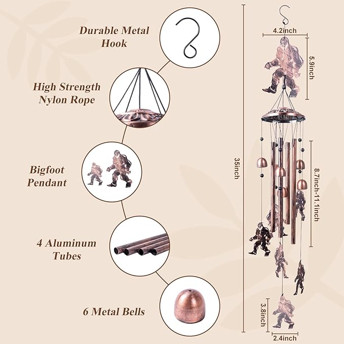 Bigfoot Gifts for Men and Women, Metal Bigfoot Wind Chimes with 6 Chimes and 4 Aluminium Tubes, Beautiful Sounds Sasquatch Gifts for Outside, Home, Lawn, Porch, Patio, Garden Decor, Yard Decoration